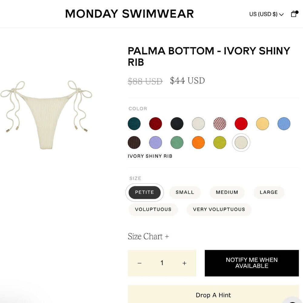 NWT Monday Swimwear Palma Bottom โ Petite (P) โจ Ivory (Shiny Rib) - Picture 9 of 10